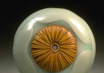 Yellow Water Lily: Celadon glazed, carved porcelain, Satinwood, Opal inlay